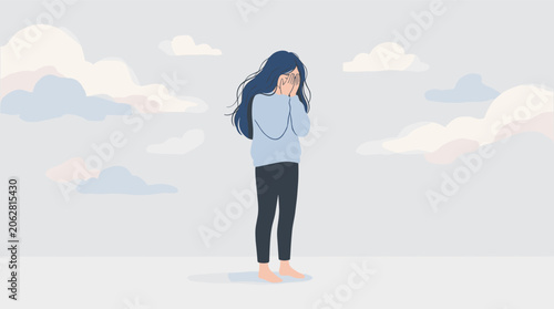 Woman Standing Alone Under Cloudy Sky