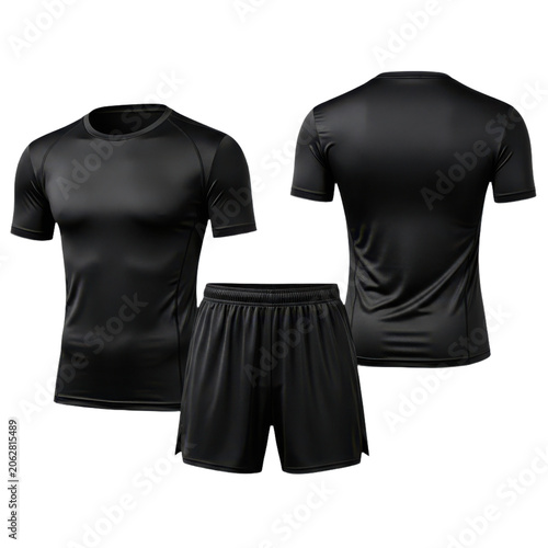 Black mens athletic tshirt and shorts set, front and back views, sportswear, isolated on transparent background