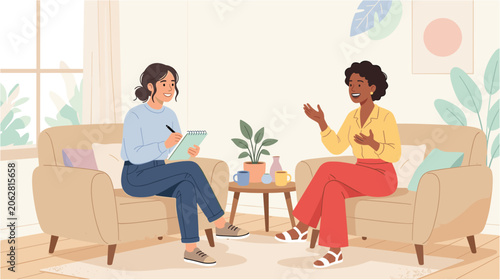Two Women Talking in a Living Room Therapy Session