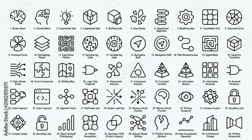 Collection of various abstract icons representing data analysis, coding, and problem solving concepts in a line style