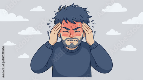 Frustrated Man with Headache under Cloudy Sky