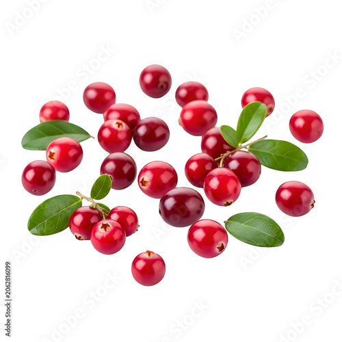 Fresh red cherries with green leaves on white background