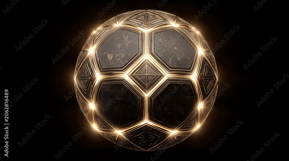 Naklejka premium Golden 3D soccer emblem glowing in dark background