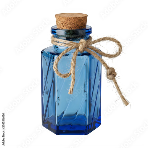 Blue glass bottle with cork stopper and twine