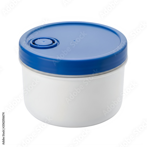 Blue and white food storage container with lid