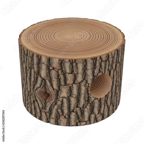 Rustic wooden stump with a carved birdhouse