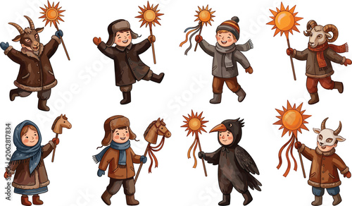 Schilderij op canvas Slavic Kolyada Winter Festival Vector Character Set with Caroling Children, Trad