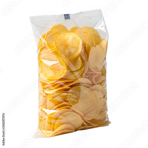 Bag of golden curly chips in clear plastic pouch