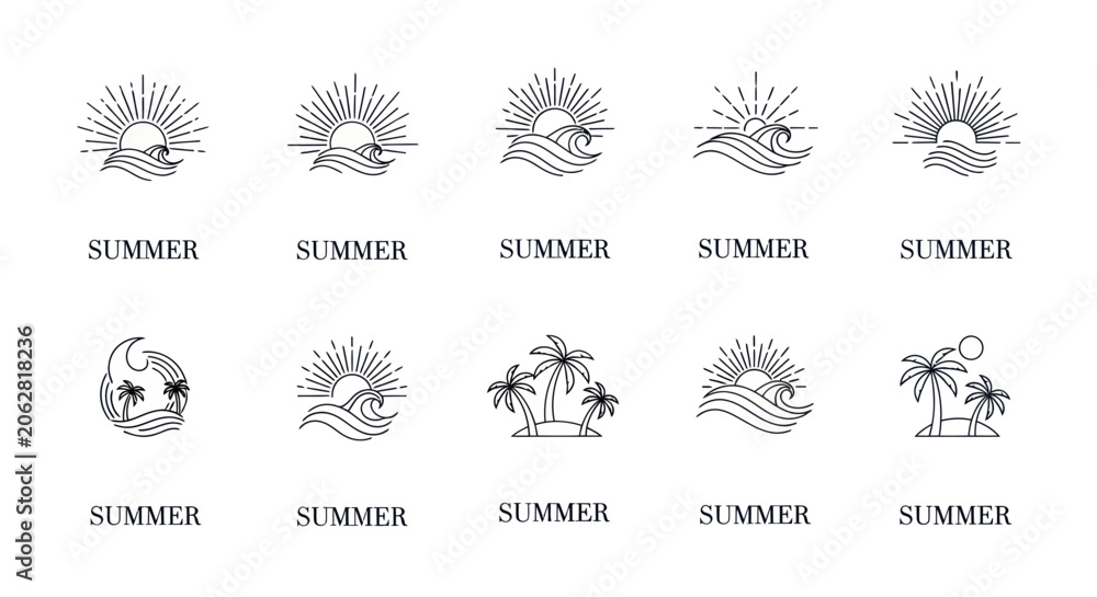 Fototapeta premium Minimalist Summer Sun and Ocean Wave Line Art