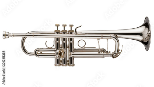 Canvas Print Shiny silver trumpet with three valves, isolated on transparent background
