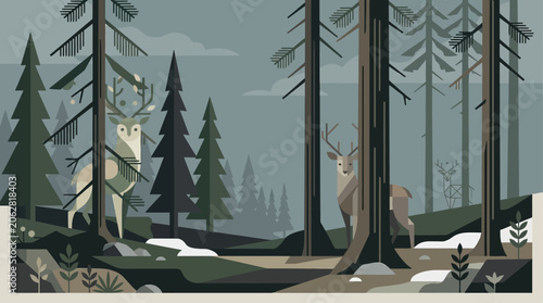 Schilderij op canvas Minimalist Geometric Forest Landscape Illustration Featuring Two Majestic Deers