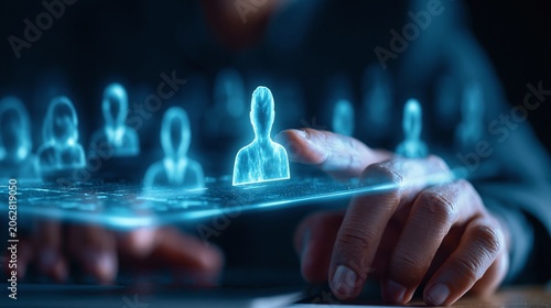 Hand selects digital hologram figure for optimal team placement. Futuristic hiring process uses tech for right employee choice. Human resources analysis builds efficient workforce structure
