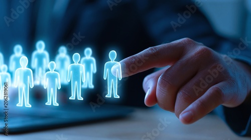 Hand selects digital hologram figure for optimal team placement. Futuristic hiring process uses tech for right employee choice. Human resources analysis builds efficient workforce structure
