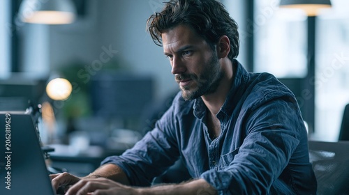 Busy professional business man company employee, young male worker software developer, businessman typing on computer technology using laptop searching on web working at office workplace desk