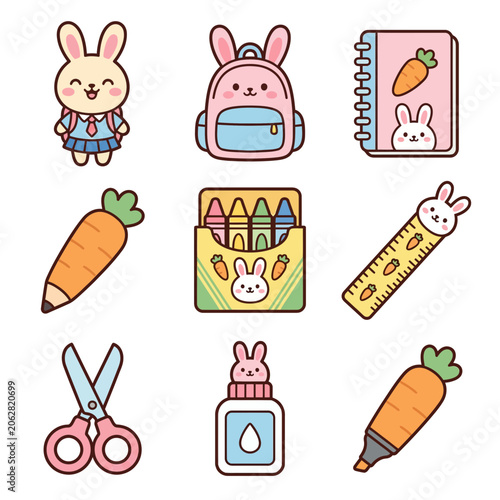 Cartoon bunny school supplies and objects.