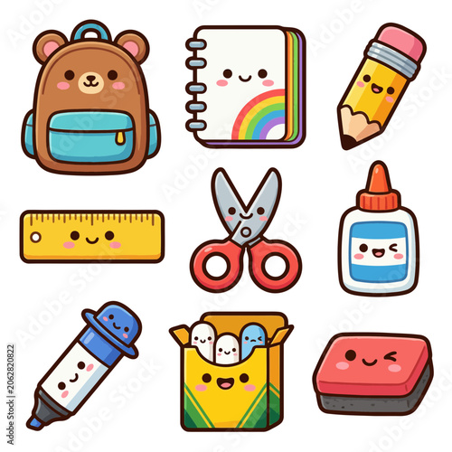Colorful school supplies with smiling faces.