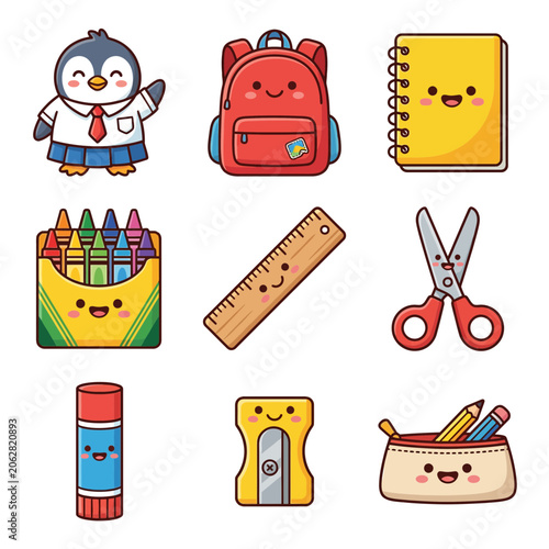 Colorful cartoon school supplies and penguin.