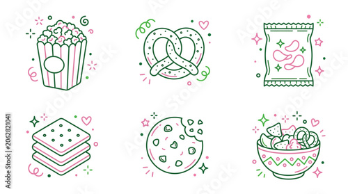 A collection of six line art illustrations depicting various popular snack foods like popcorn, pretzels, chips, crackers, and cookies with green and pink accents.