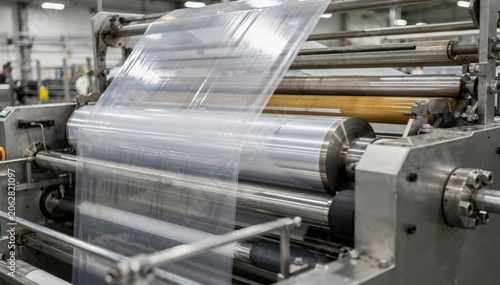 Medium shot of a foil and film lamination line bonding aluminum foil with plastic films showcasing the precise mechanical process in a hightech industrial setting.