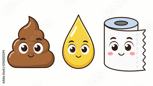 Foto Cute Cartoon Poop Pee and Toilet Paper Characters with Smiling Faces Children Po