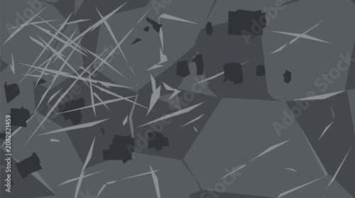 Shattered glass fragments scatter across dark surface with sharp edges and cracks