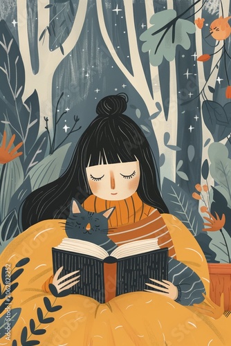 selective focus girl reading a book under a blanket with a cat