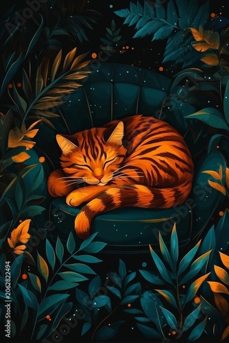 selective focus whimsical warm vector illustration of cat sleeping in armchair indoor scene
