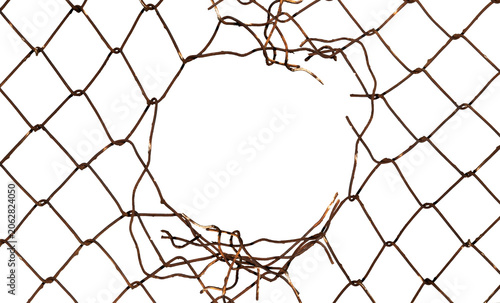 The texture of the metal mesh on a white background. Torn steel, metal mesh with holes