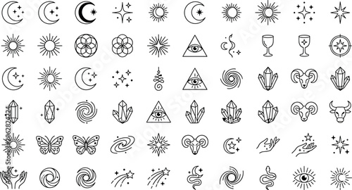 Fotografija Set of esoteric and mystical symbols, celestial bodies, crystals, and zodiac sig