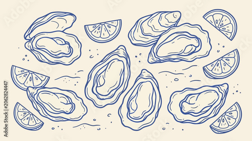 Hand-drawn naive doodle of fresh oysters on half shells served with a bright yellow lemon slice, simple minimalist vector line art illustration for seafood menu and culinary design.