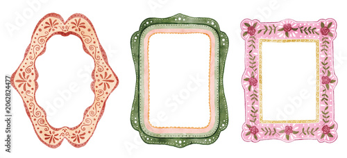 Whimsical Folk Watercolor Decorative Frames in Cottagecore Style. Perfect for invitations, greeting cards, branding, scrapbooking, posters, and vintage-inspired designs.
