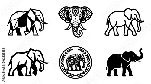 Diverse elephant icon set featuring geometric and tribal styles