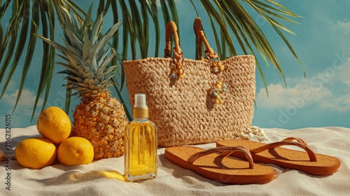 Beach scene with a woven tote bag, fruit, sandals, and a clear liquid bottle against a blue sky backdrop
