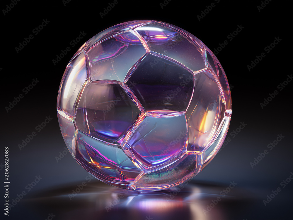 Naklejka premium Soccer ball made of crystal glass glowing with light reflections