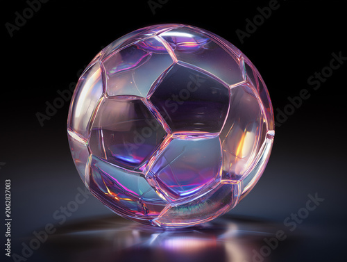 Soccer ball made of crystal glass glowing with light reflections