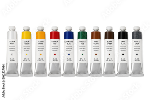 Set of artist paint tubes in various colors isolated on transparent background