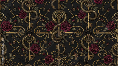 Obraz na płótnie Gothic Seamless Pattern Featuring Intricate Gold Keys Intertwined With Dark Serp