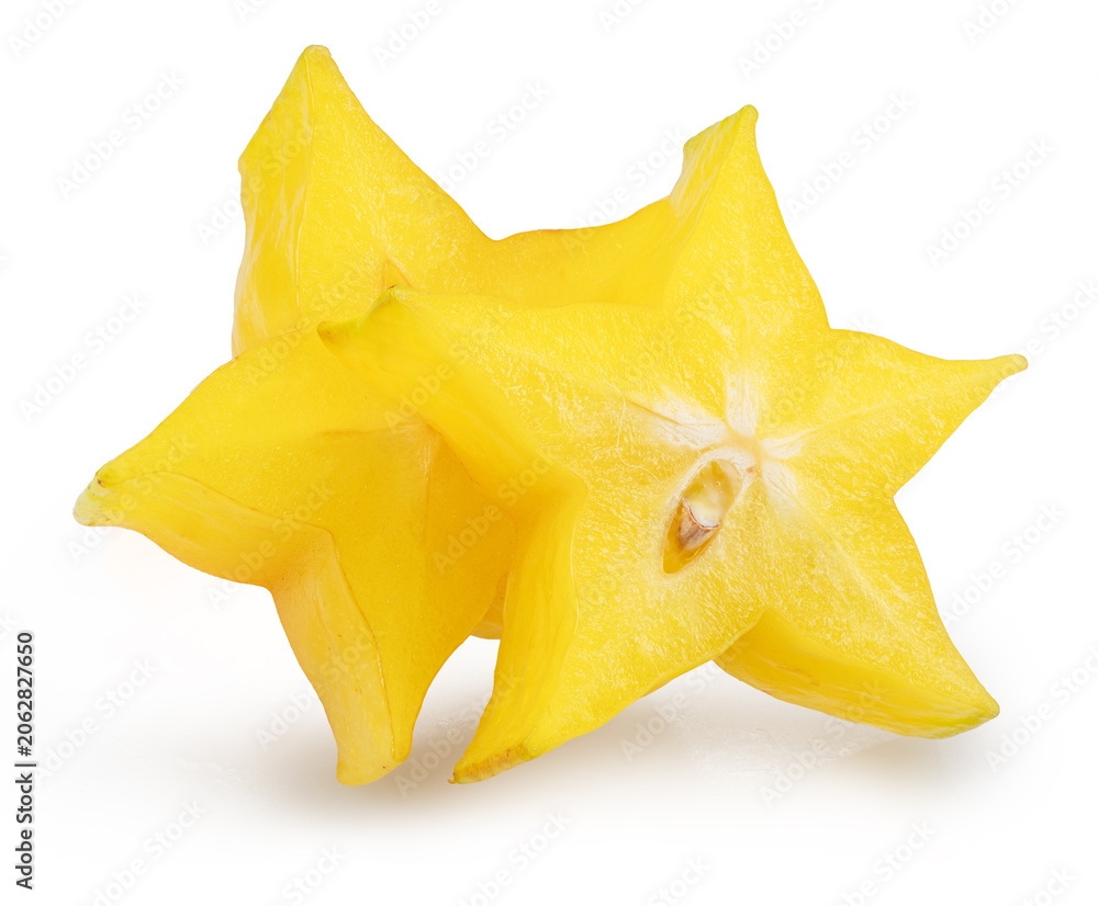Fototapeta premium Two slices of star fruit or carambola isolated on white background with clipping path.