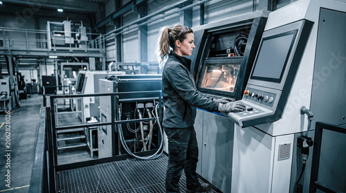 Professional female industrial engineer wearing safety glasses operating advanced heavy manufacturing machinery using touchscreen control panel inside large modern automated factory workshop