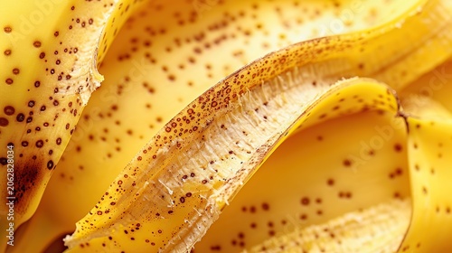 Ripe banana peel brown freckle spots close up