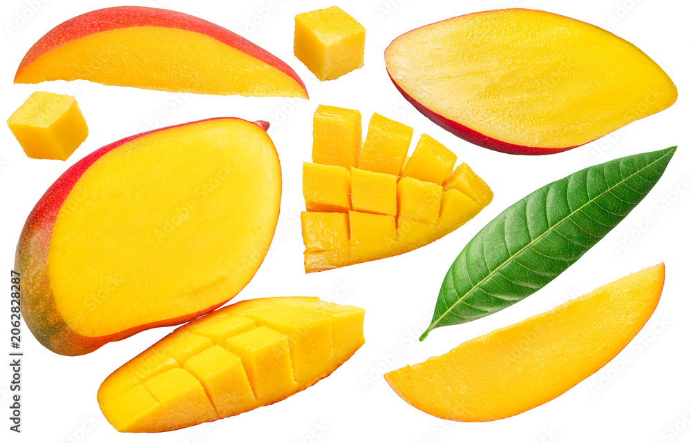 Obraz premium Collection of mango fruit slices with mango leaf isolated on white background. File contains clipping paths.