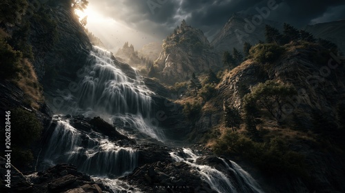 Outdoor adventure explore. A dramatic landscape photograph depicts a majestic waterfall cascading down a rocky cliff. The waterfall is surrounded by lush greenery, including trees and shrubs.