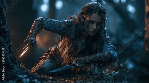 Outdoor adventure explore. A dark, atmospheric portrayal of a female warrior in a forest. She is in a crouched position, wielding a glowing sword in her right hand. Her long.
