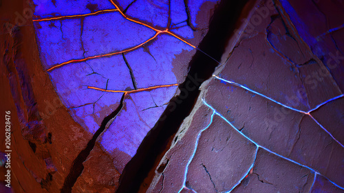 Glowing red vascular patterns preserved in fossilized bone under ultraviolet light, revealing intricate biological history.
