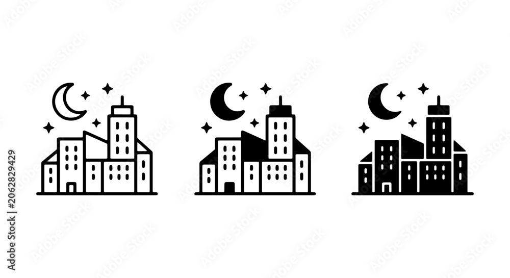 Naklejka premium Cityscape Icons Set, Night Skyline Vector Graphics, Urban Buildings Collection, Modern Architecture Illustrations