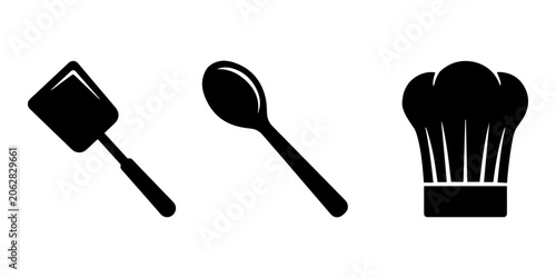 Billede på lærred a chef's hat, a wooden spoon, and a spatula Icon silhouette vector white backgro