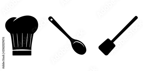 Photography a chef's hat, a wooden spoon, and a spatula Icon silhouette vector white backgro