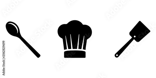 Schilderij op canvas a chef's hat, a wooden spoon, and a spatula Icon silhouette vector white backgro