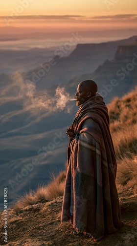Outdoor adventure explore. A vivid portrayal of a man standing atop a rocky outcrop, bathed in the warm glow of the setting sun. He wears a textured.