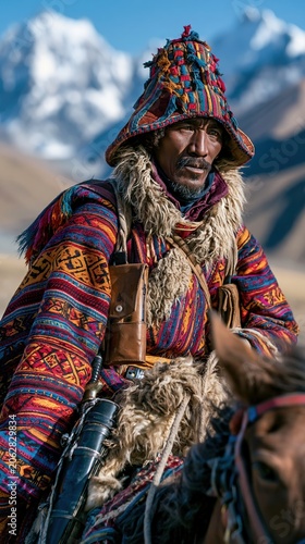 Outdoor adventure explore. A vivid portrayal of a man in traditional attire, standing against a backdrop of snowcapped mountains. He wears a vibrant.